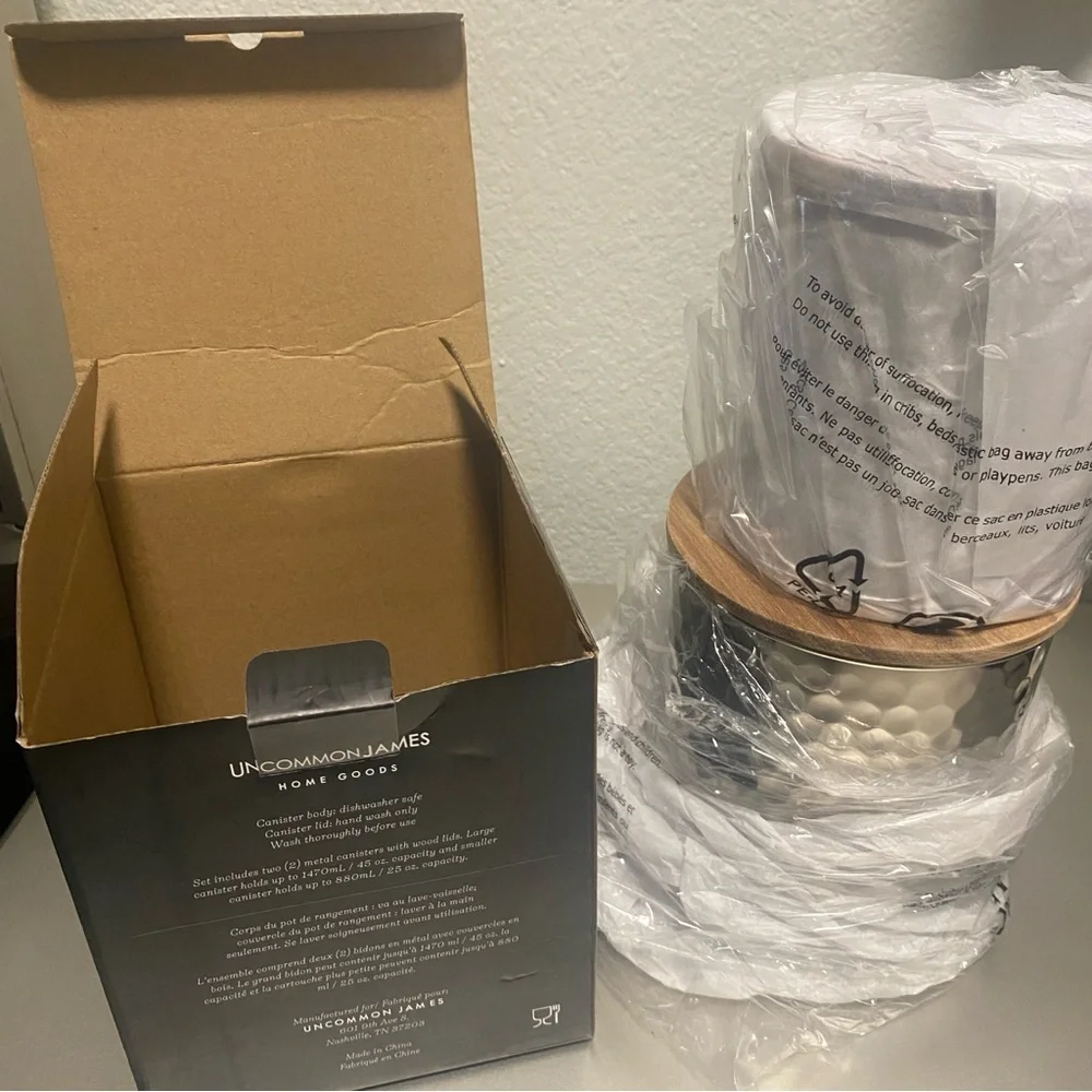 NIB Uncommon James Set of 2 Medium & Large Silver Hammered Canisters Wooden Lids